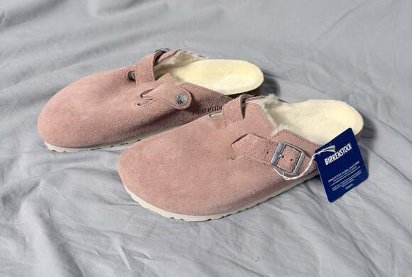 Birkenstock Shoes - Birkenstock Boston Shearling Lined Suede Clogs in Pink Clay